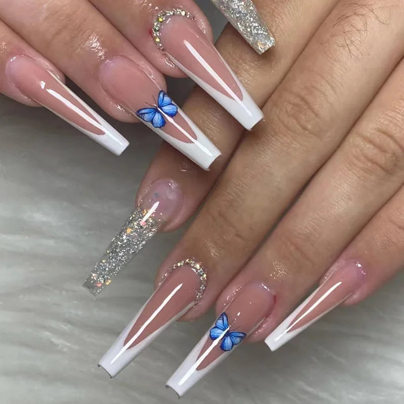24Pc Long Ballet False Nails Pink Butterfly with Rhinestones French Design