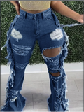 Blue Pocket Ripped Pants Women's Jeans