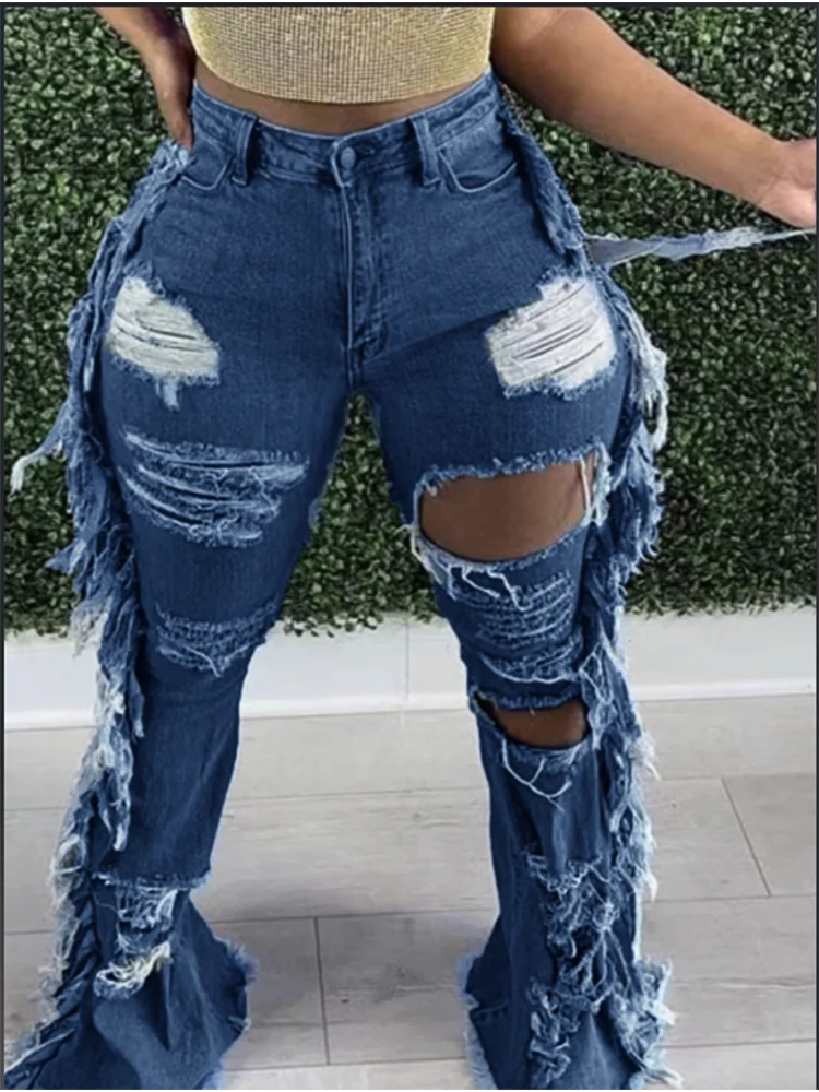 Blue Pocket Ripped Pants Women's Jeans
