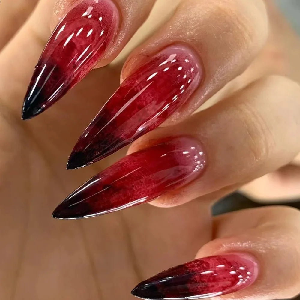 24Pc Black Butterfly Diamond Halloween Long Almond Press on Nails Tips
