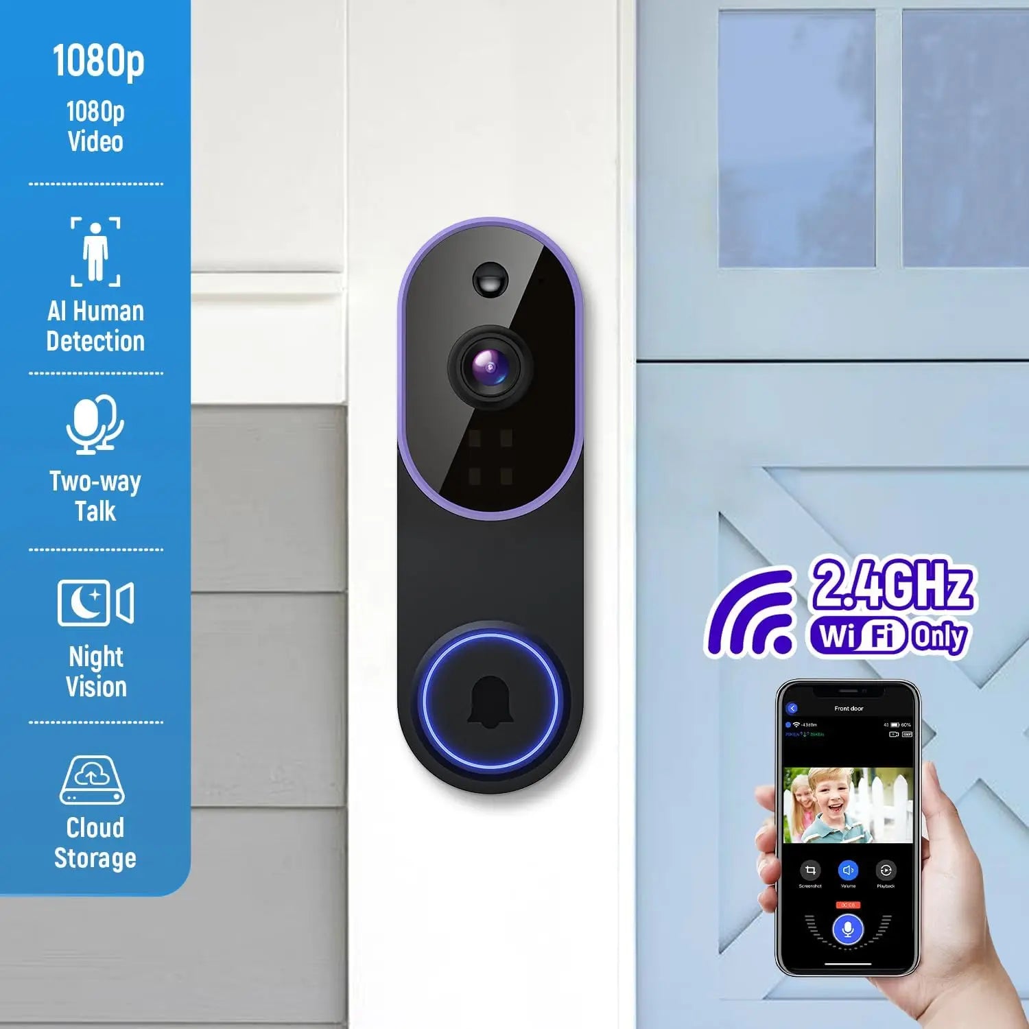 Smart Wireless Video Doorbell Camera with AI Detection