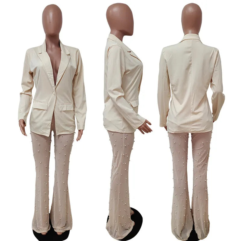Sexy Two Piece Single Button Blazer Coat Pearl Mesh Sheer Pant Suit