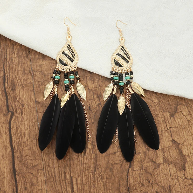 Boho Long Feather Dangle Earrings