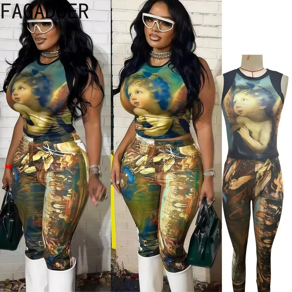 2 Piece Set Woman Oil Painting Sleeveless Crop Top And Pants
