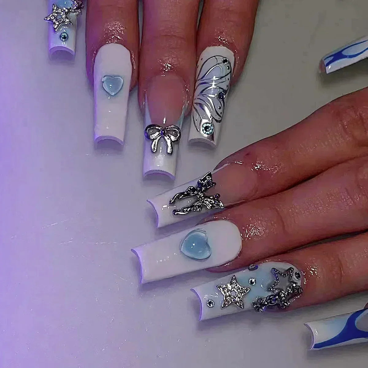24Pcs Long Coffin Rhinestones Ballet Press on Nails