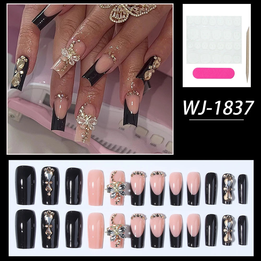 24Pcs Medium Square 3D Alloy Butterfly With Rhinestone Design Black French Tip Press On Nails