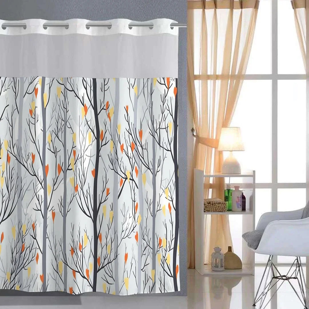 No Hook Plant Pattern Shower Curtain With Snap-in Fabric Liner