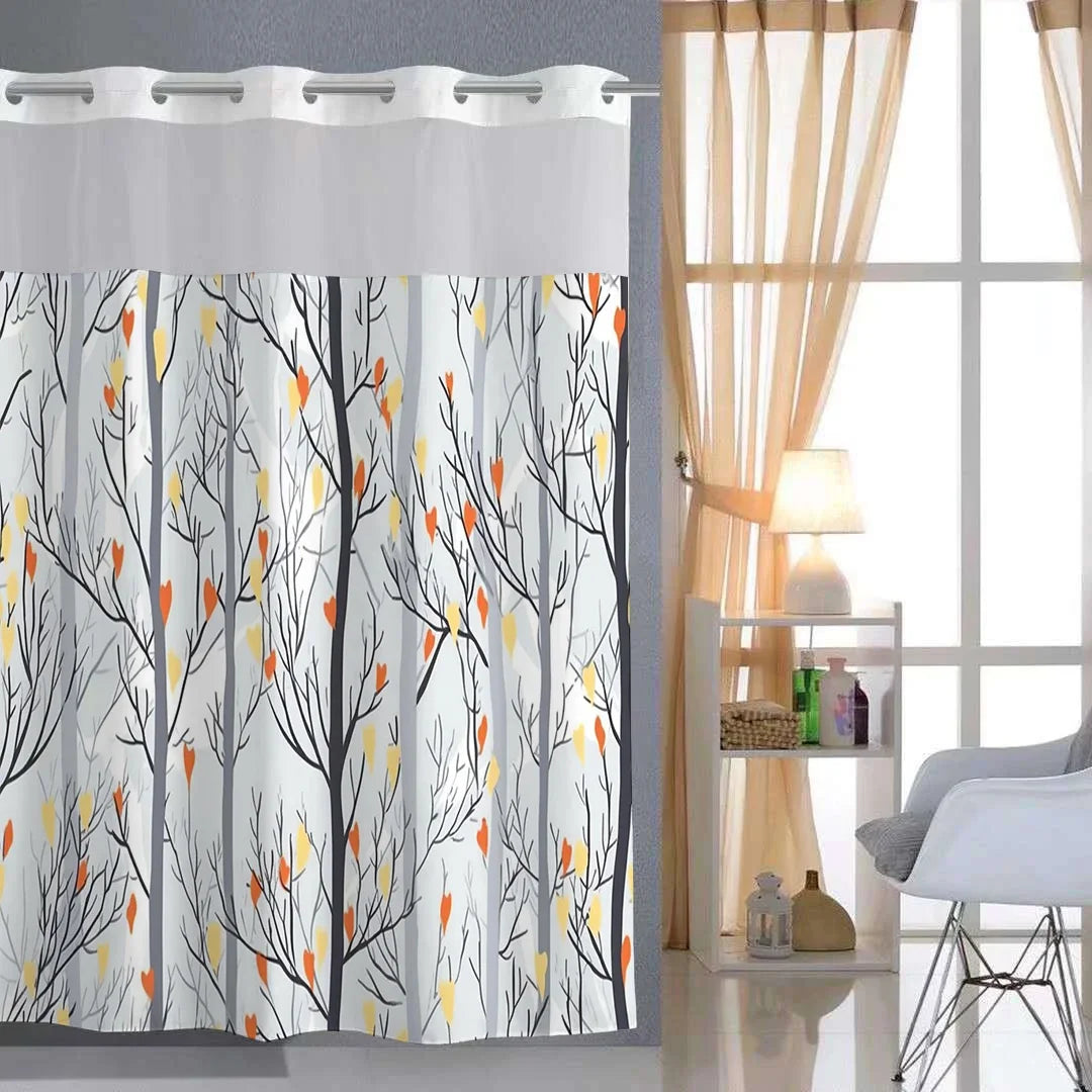 No Hook Plant Pattern Shower Curtain With Snap-in Fabric Liner