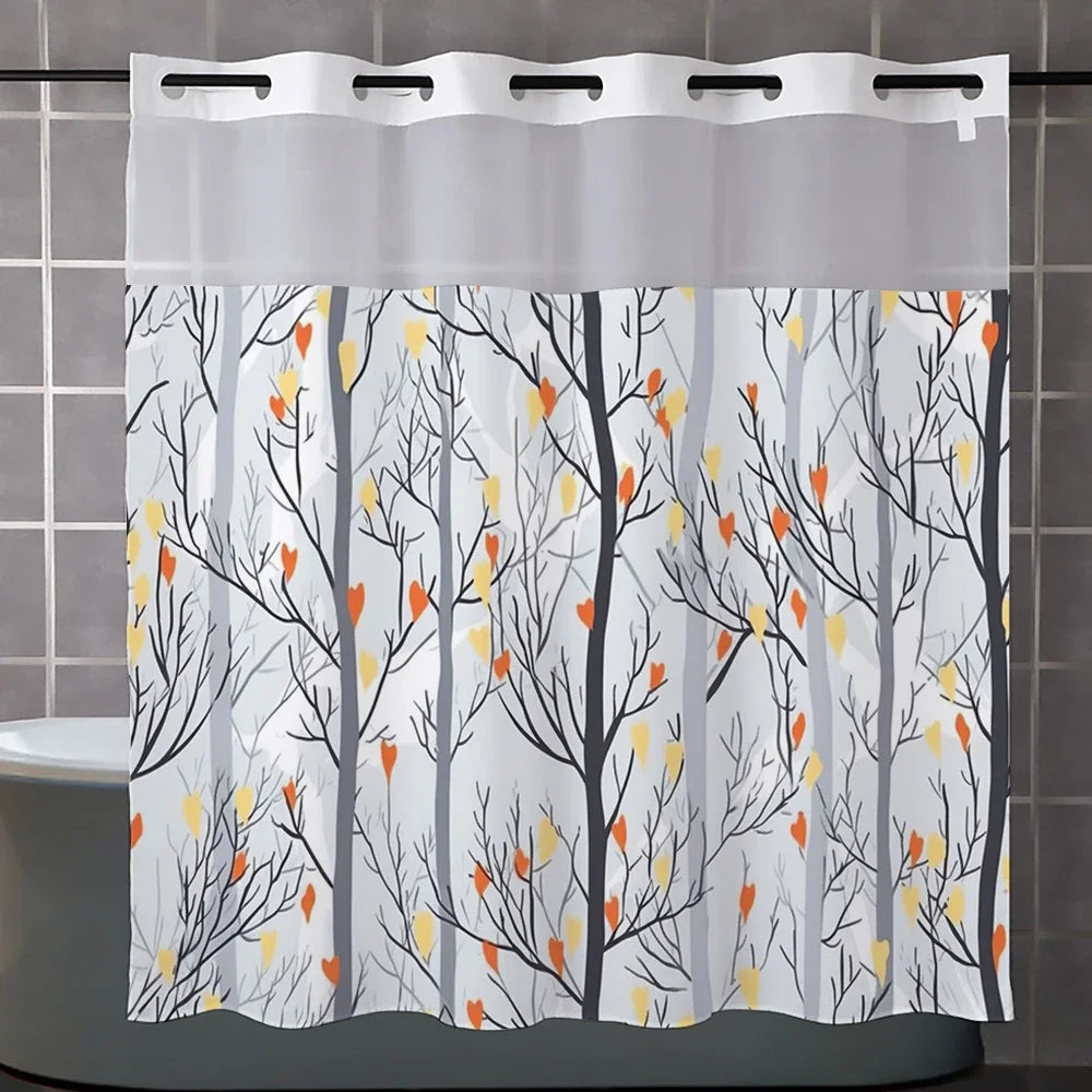 No Hook Plant Pattern Shower Curtain With Snap-in Fabric Liner