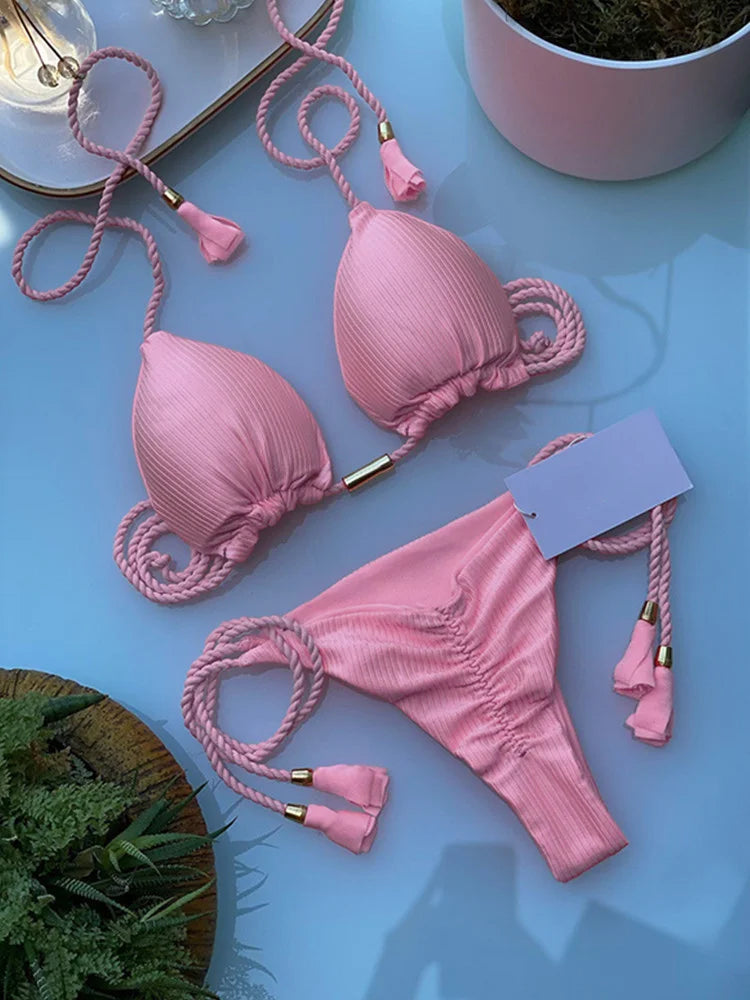 Women Backless Rope Triangle Bikini