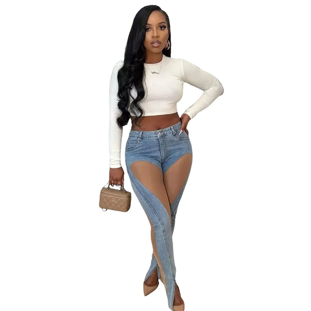 Sexy Cowboy Mesh Patchwork High Waist Blue Jean