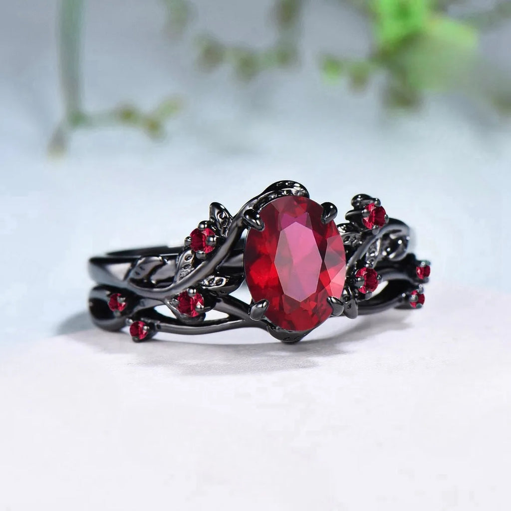 Red Rhinestones Couple Ring Set