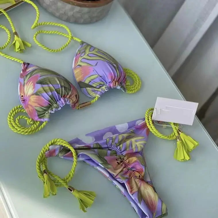 Ladies Sexy Printed Rope Bikini Split Swimsuit