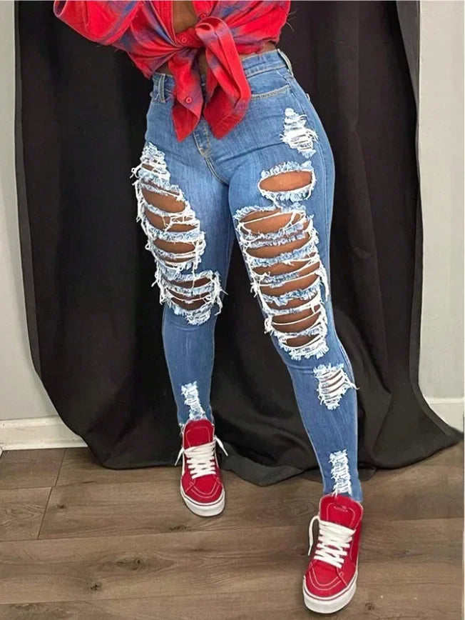 High Waist Distressed Ripped Ankle Length Pants