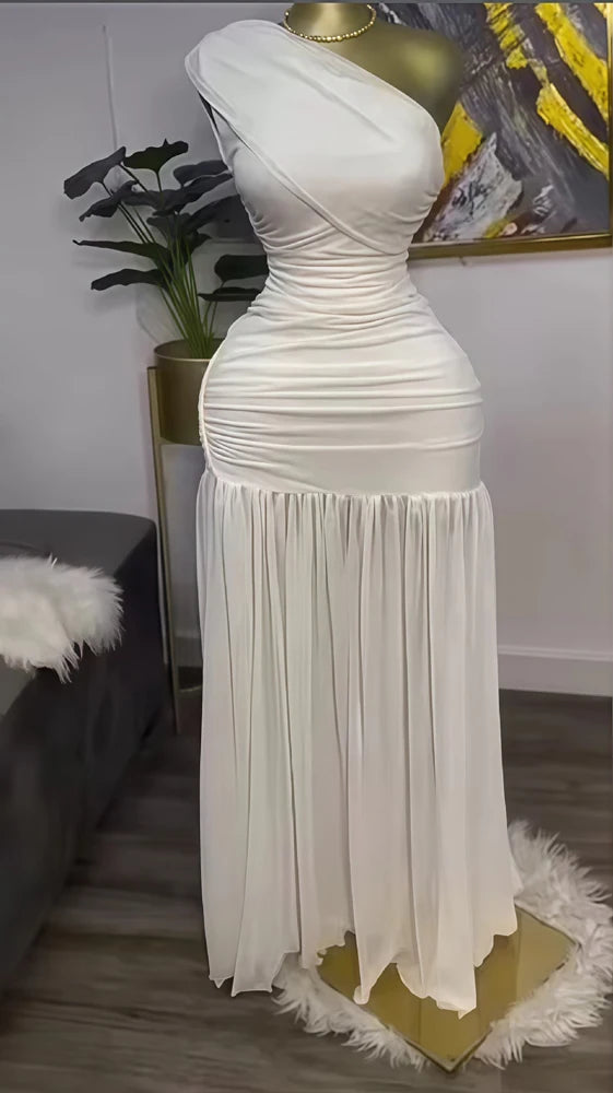 Elegant Skew Neck One Sleeve Off Shoulder Mesh Slit Long Dress