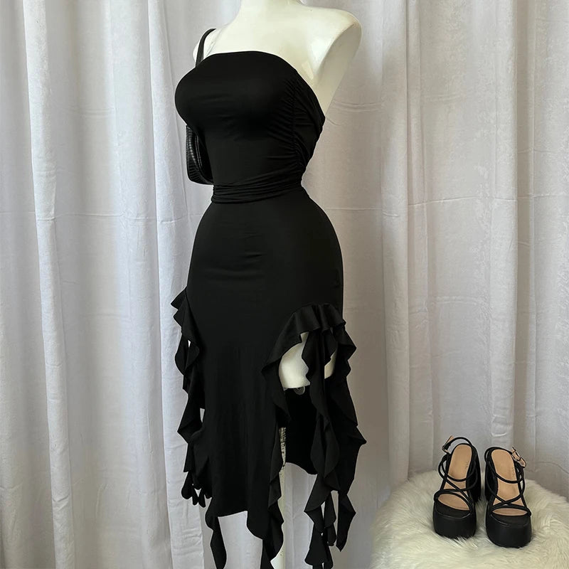 Strapless Floral Fold Hemline High Slit Mini Dress