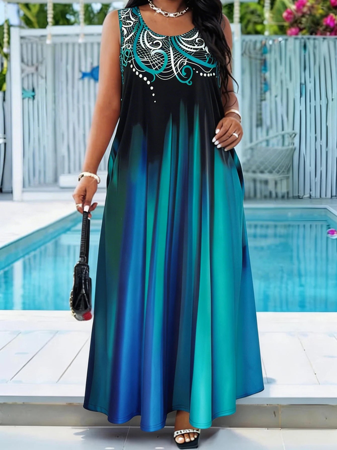 Plus Size Teal Blue Gradient Print Maxi Dress