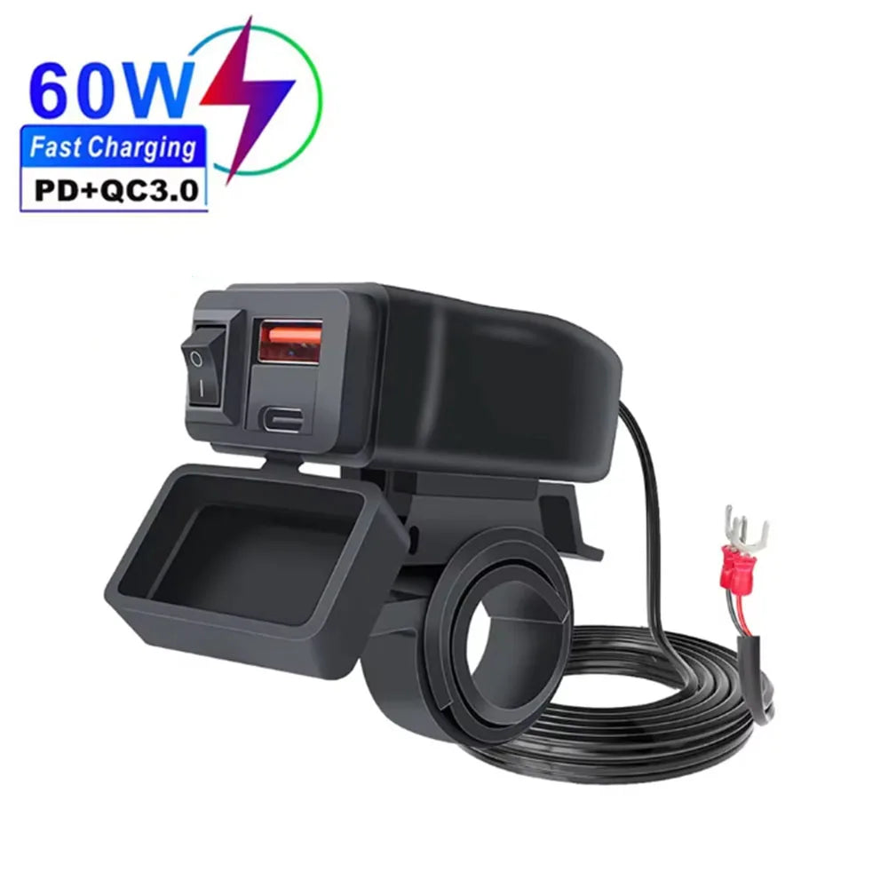 PD QC3.0 Motorcycle USB Fast Charger 60W Handlebar Dual USB Socket