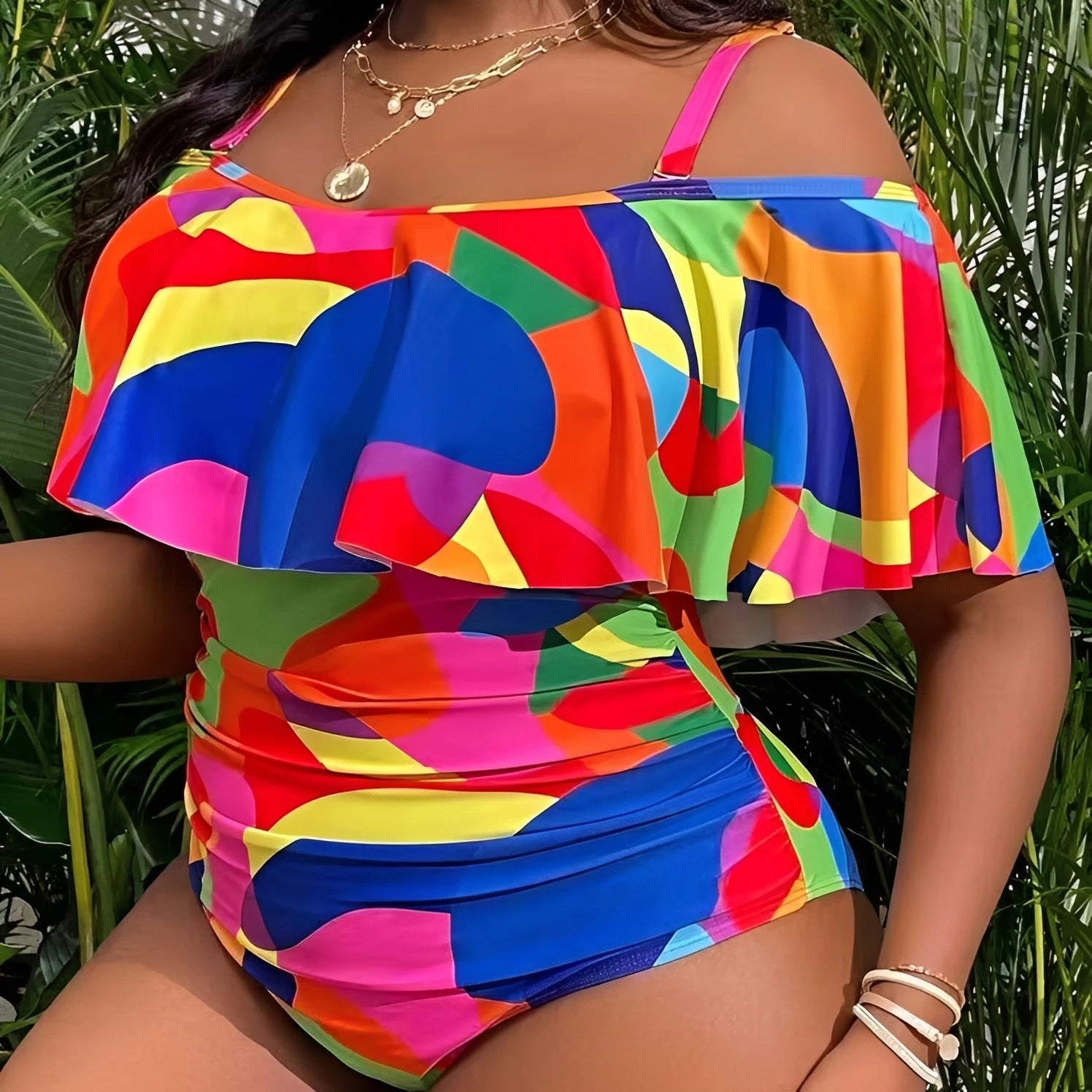 Plus Size One Piece Swimsuit Strappy Printed Ruffle