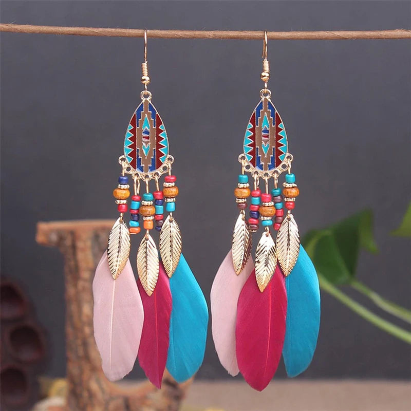 Boho Long Feather Dangle Earrings