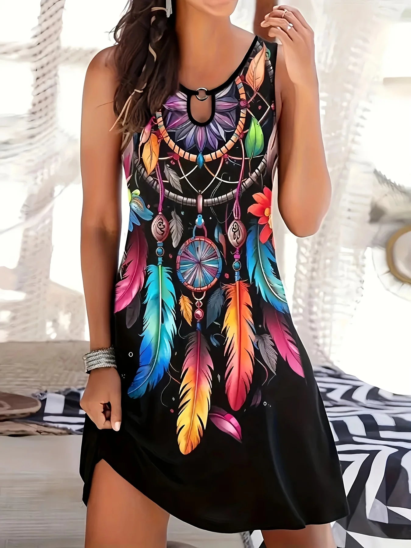 Sleeveless Dream Catcher Print Dress