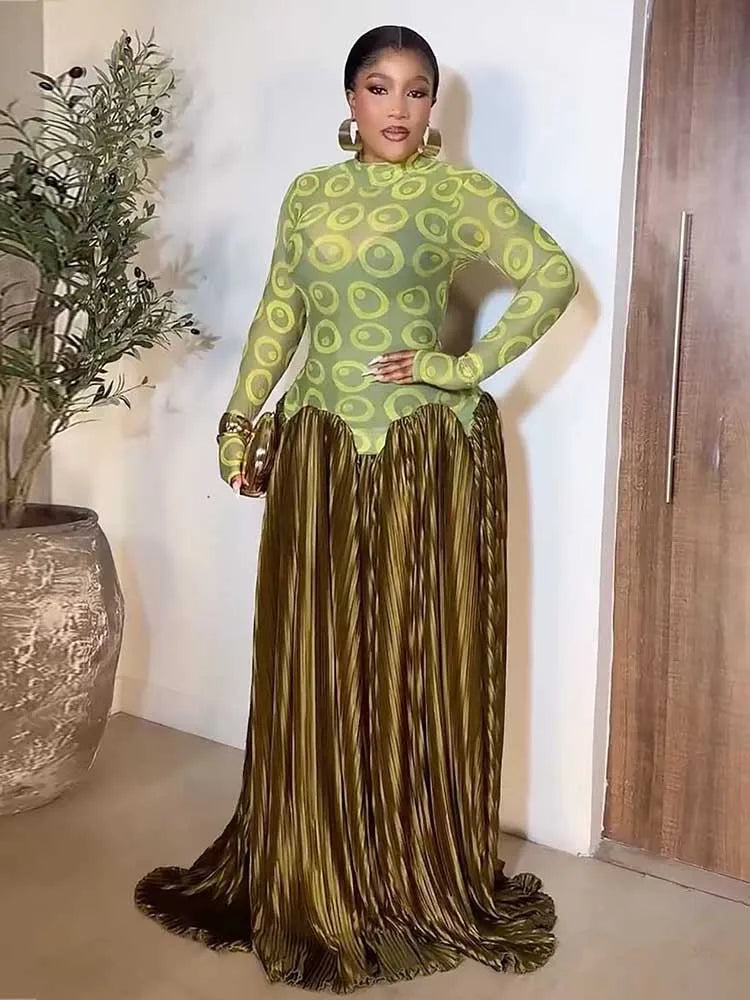 High Waist Long Sleeve Pleated Dress