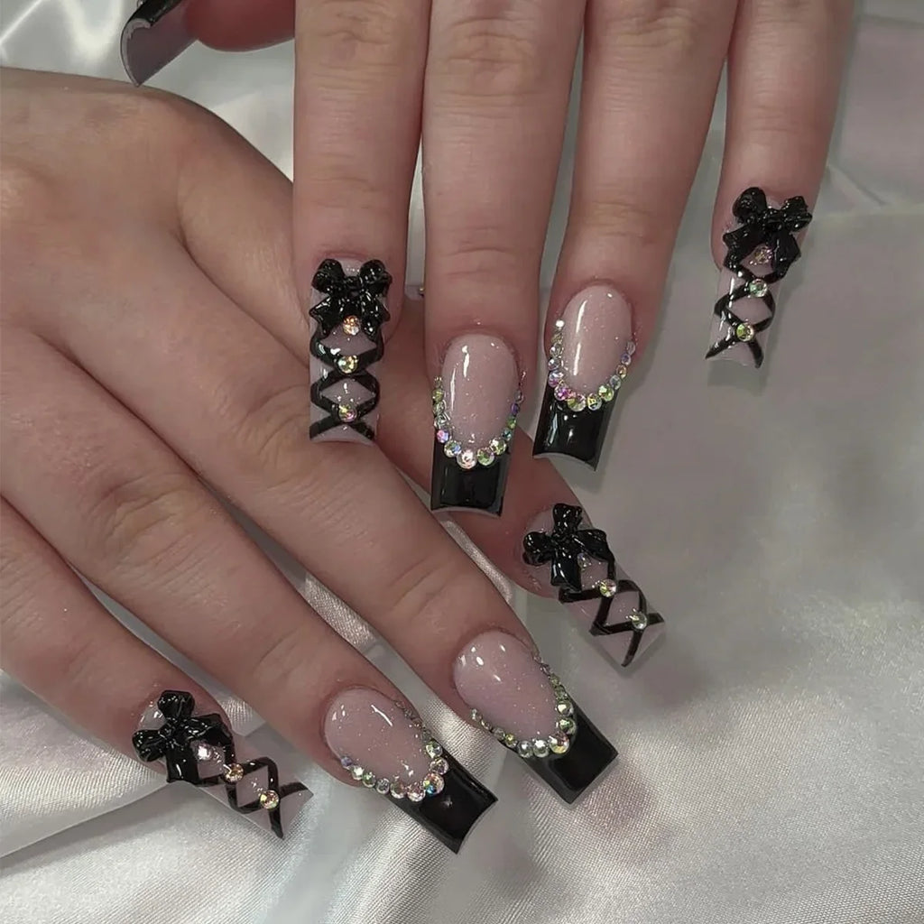 24Pcs Long Coffin French Press on Acrylic Nails