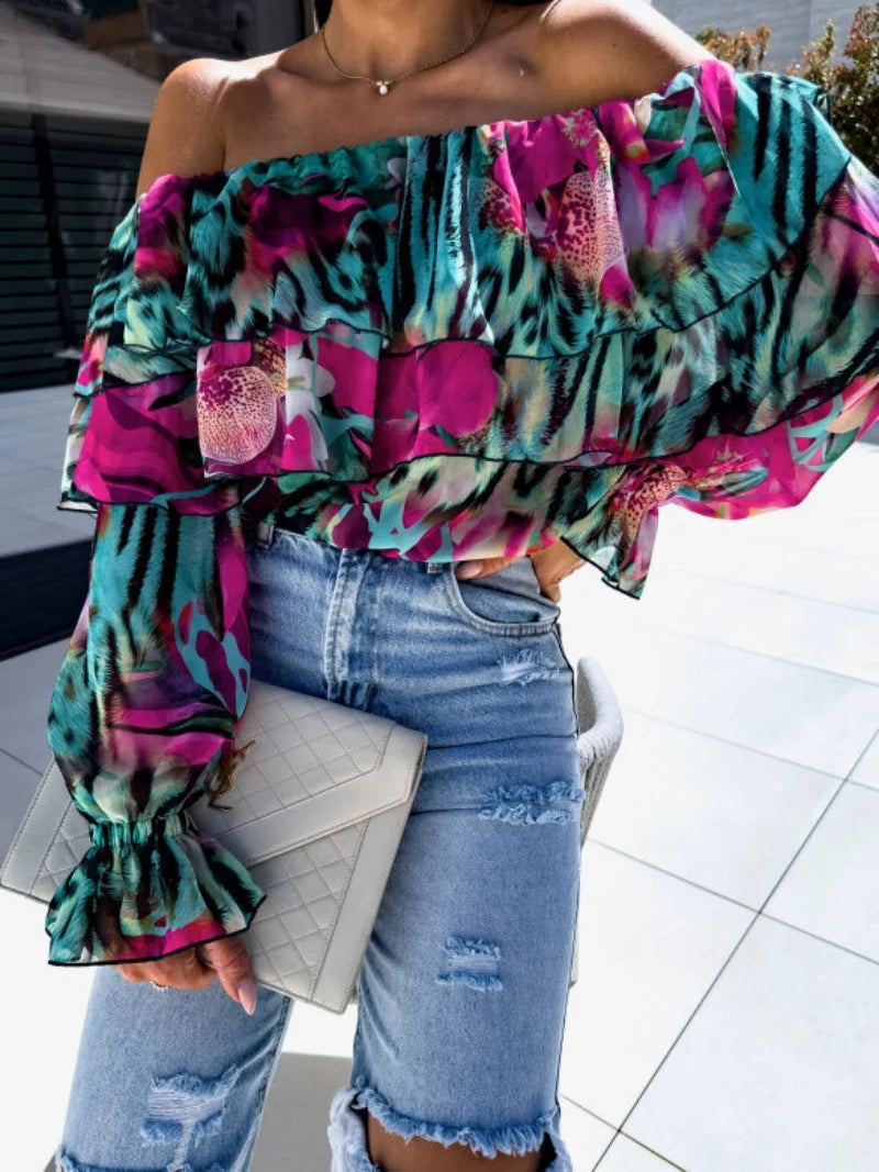 Women's Off Shoulder Floral Print Blouse with Tiered Ruffles