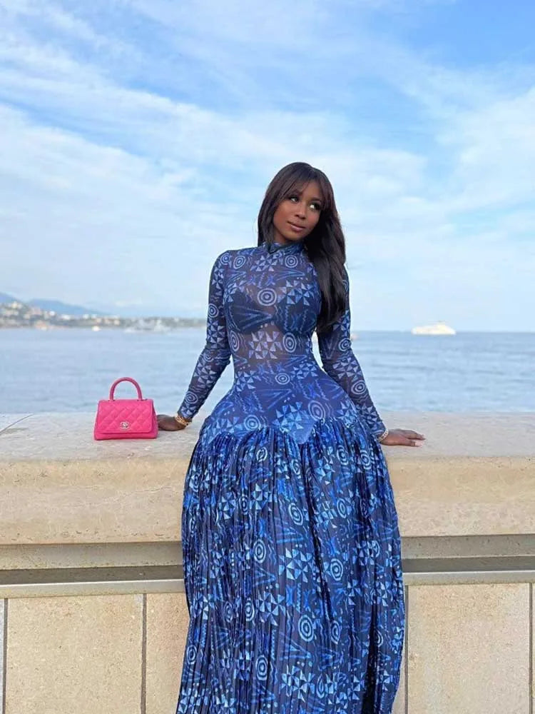 Royal Blue  Mid-turtleneck High Waist Transparent Dress with Sleeves