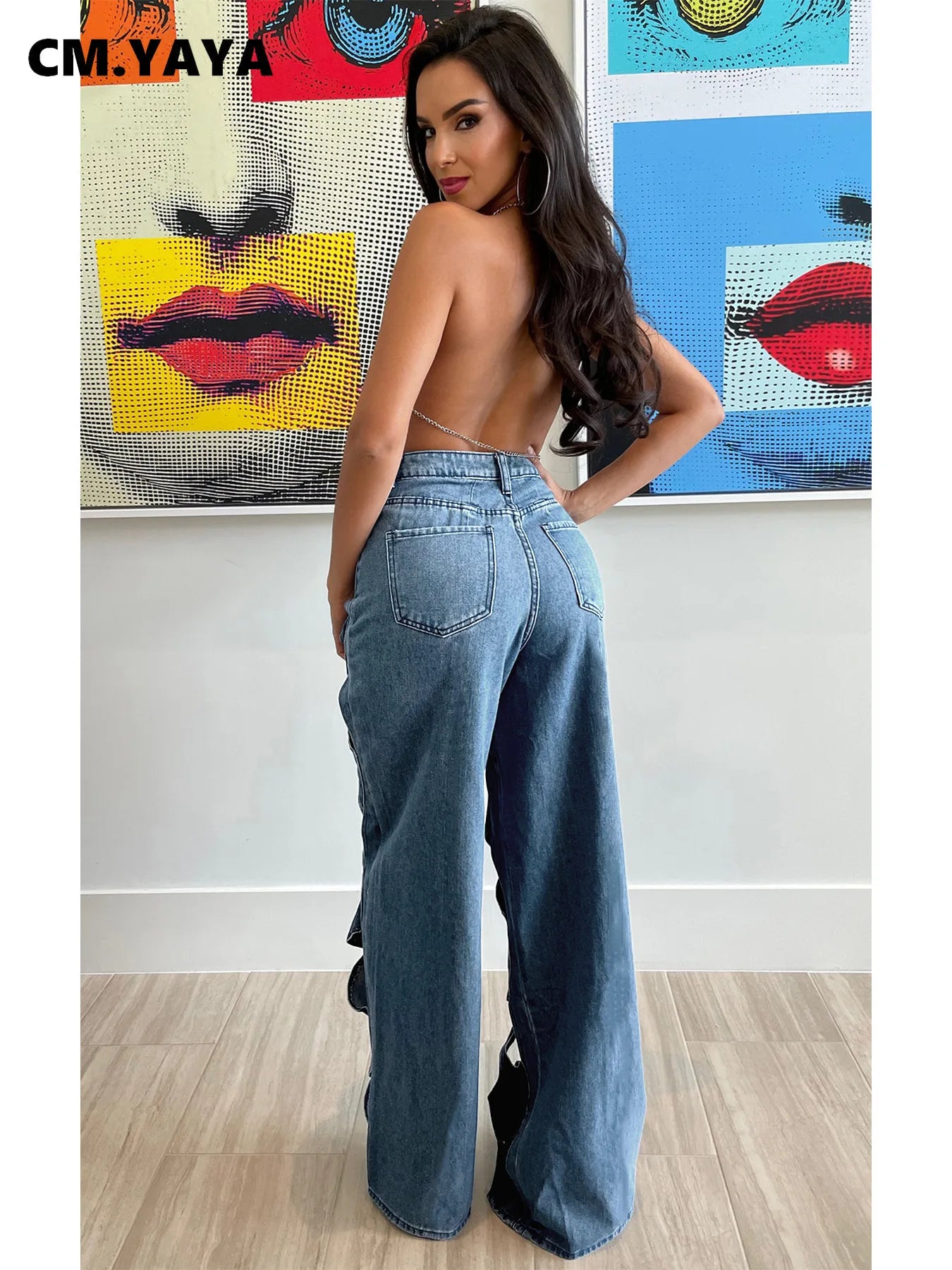 Women Vintage Cutout Hollow Out Criss Cross Straight Denim Pants