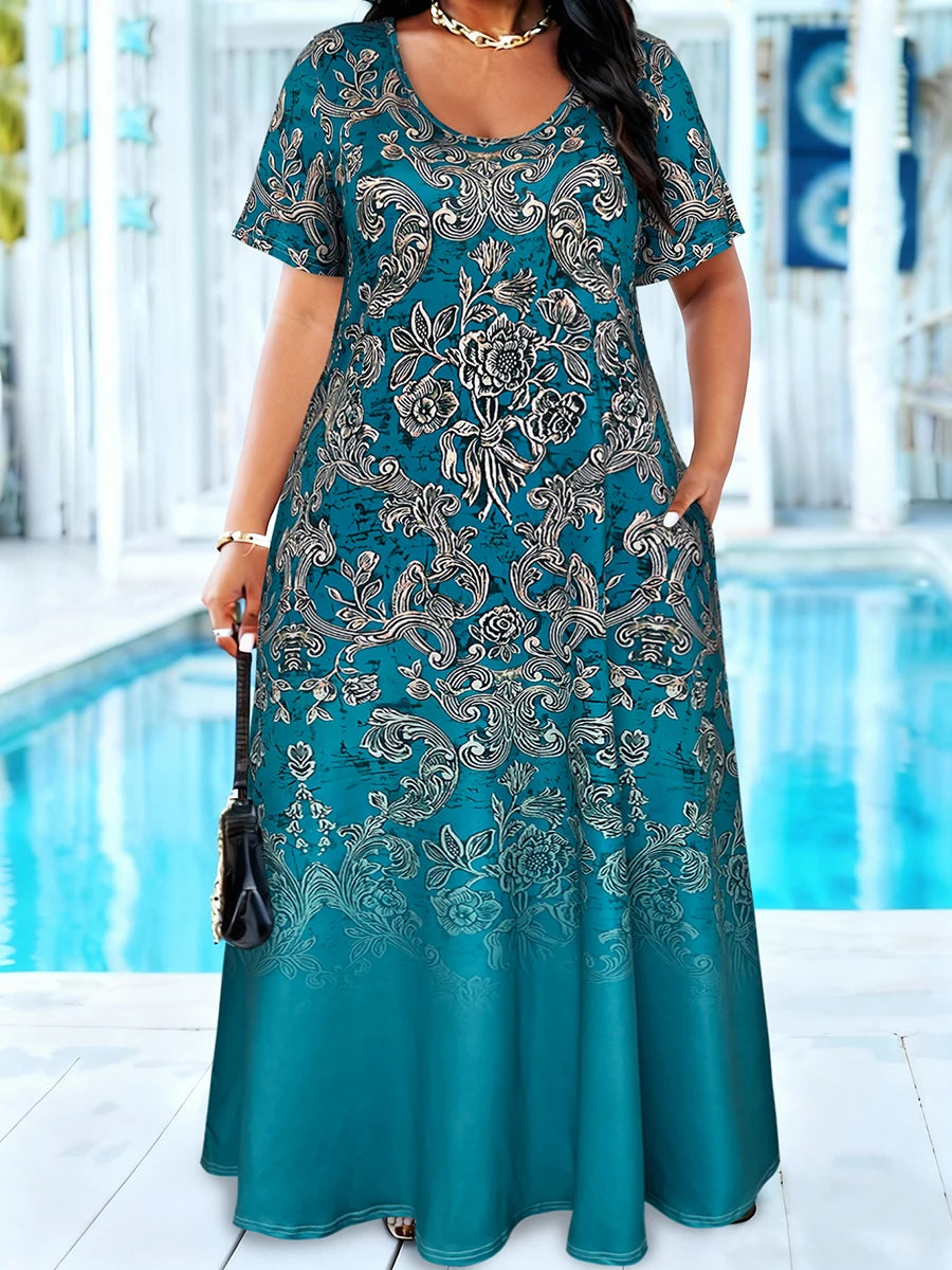 Plus Size Teal Baroque Floral Print Maxi Dress