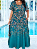 Plus Size Teal Baroque Floral Print Maxi Dress