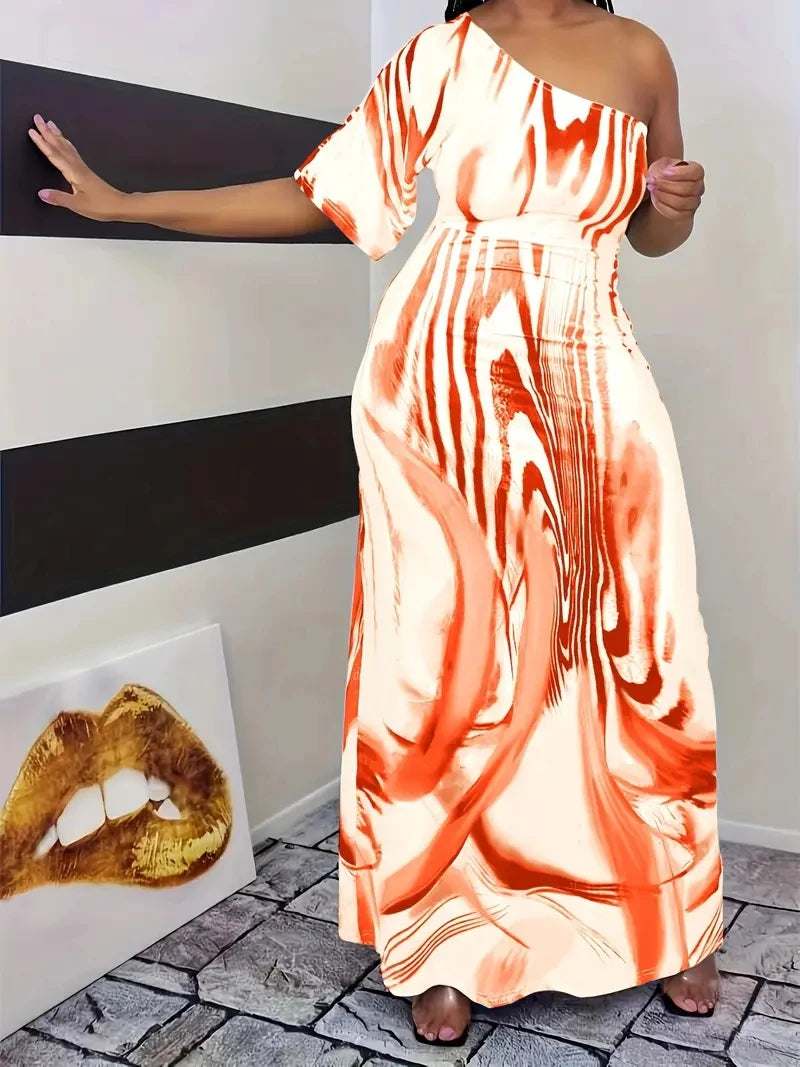 Plus Size Printed Single Sleeved Off Shoulder Dress