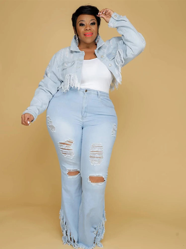 High Waist Woman Tassel Vintage Ripped Jeans