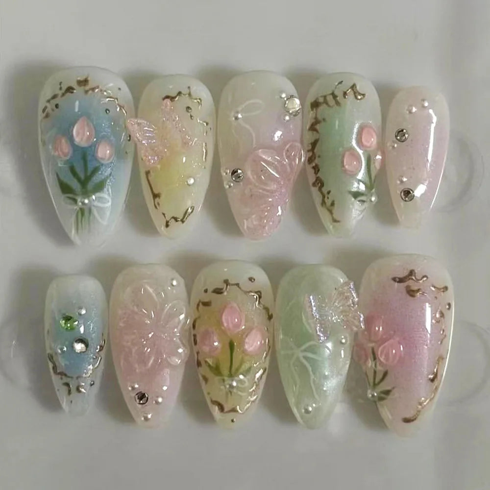 24Pcs Mid-length Gilded Almond Nails Set Press on Nails
