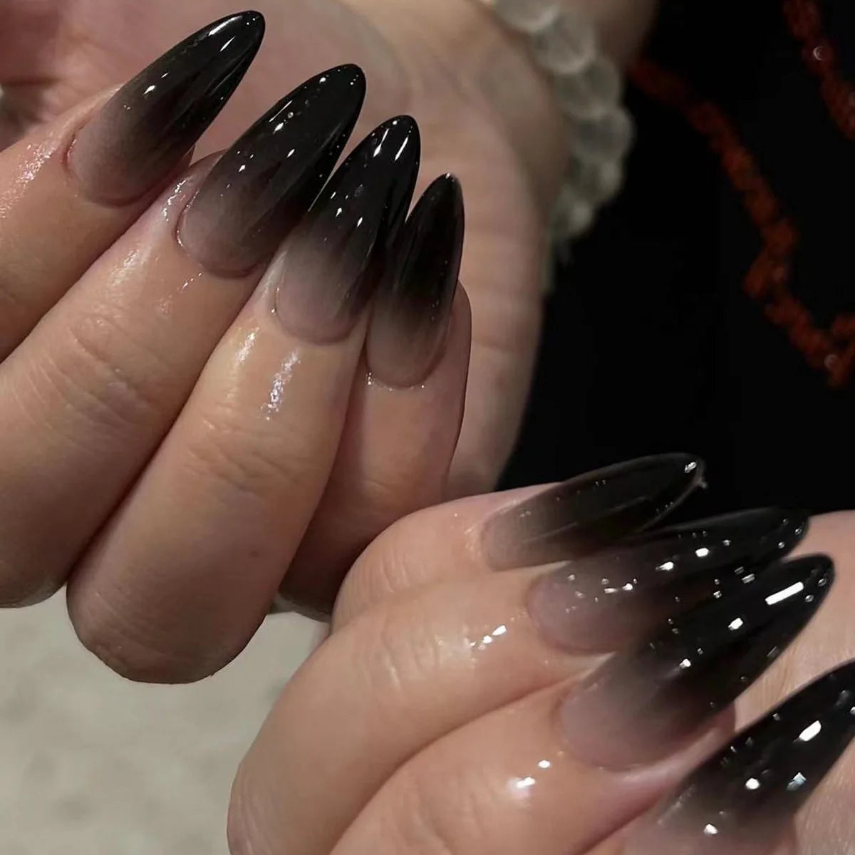 24Pc Black Butterfly Diamond Halloween Long Almond Press on Nails Tips