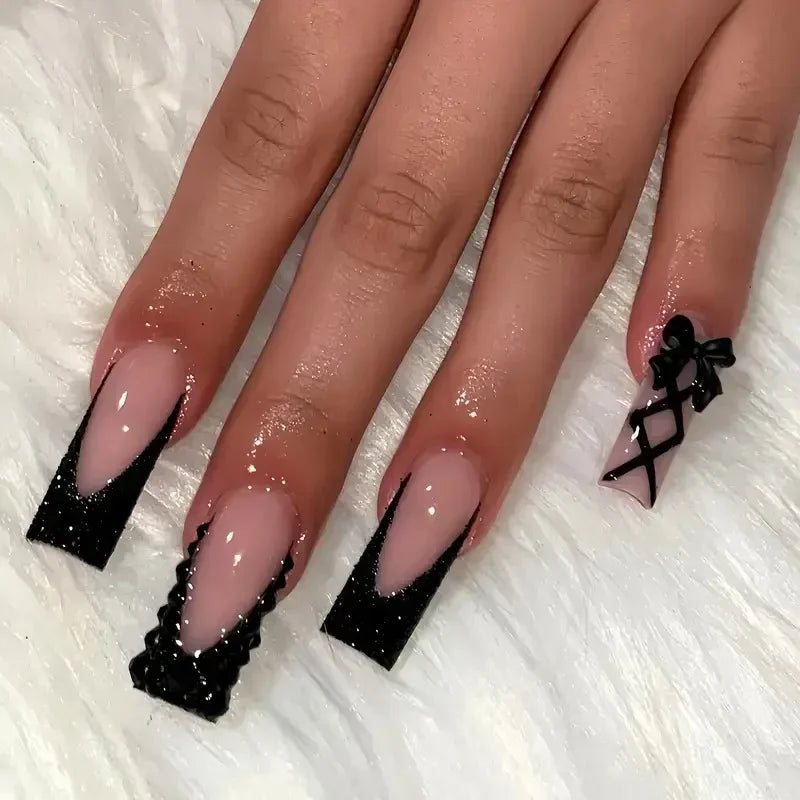 24Pcs Long Coffin French Press on Acrylic Nails