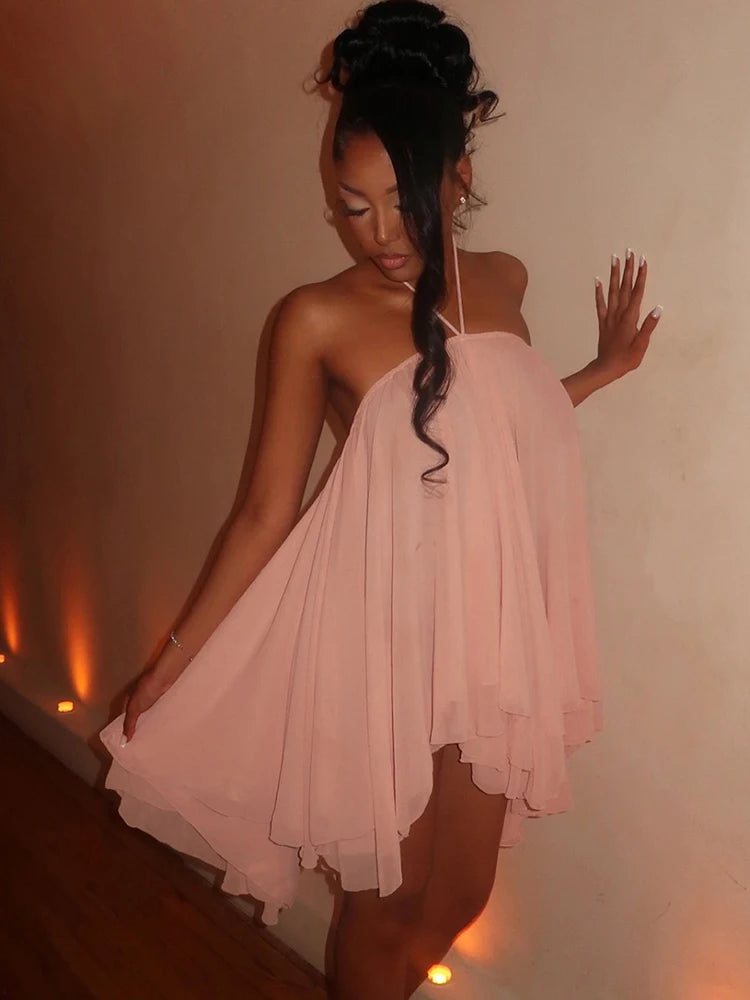 Lace-Up Halter Off Shoulder Backless Irregular Hem Dress