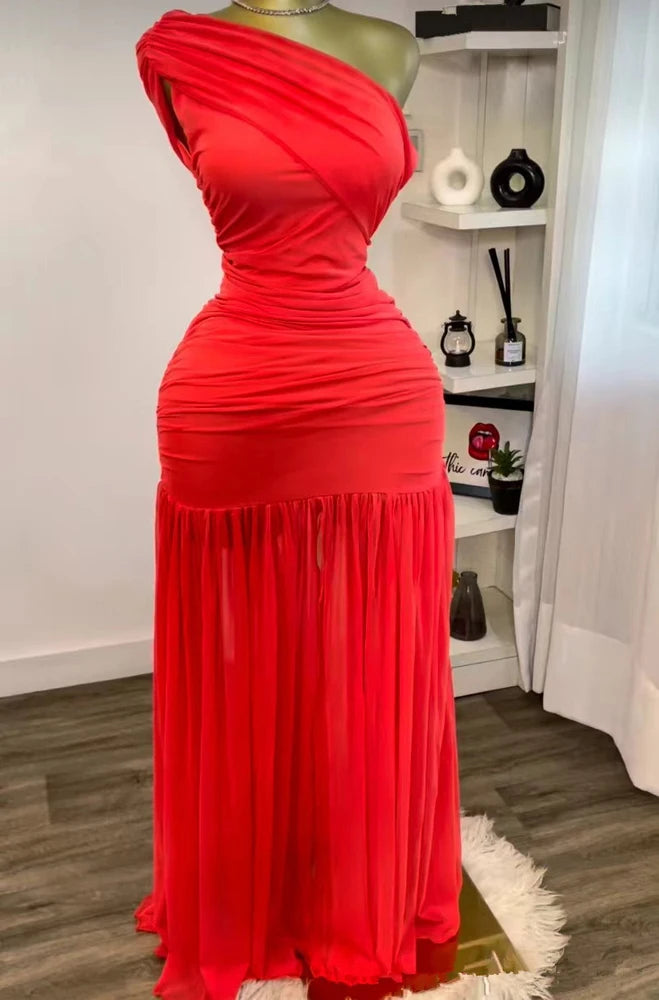 Elegant Skew Neck One Sleeve Off Shoulder Mesh Slit Long Dress