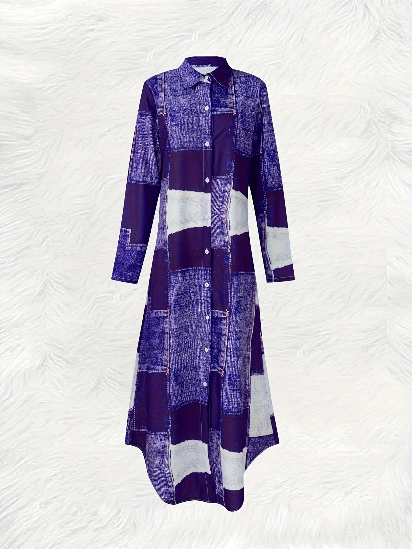 Purple Denim Print Long Sleeve Dress