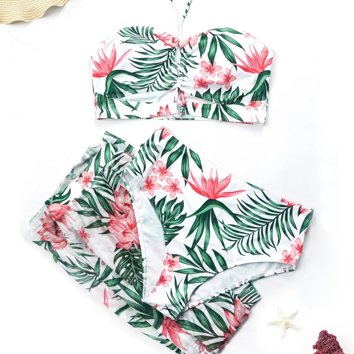 Plus Size Halter Bikini Long Skirt 3 Piece High Waist Swimsuit
