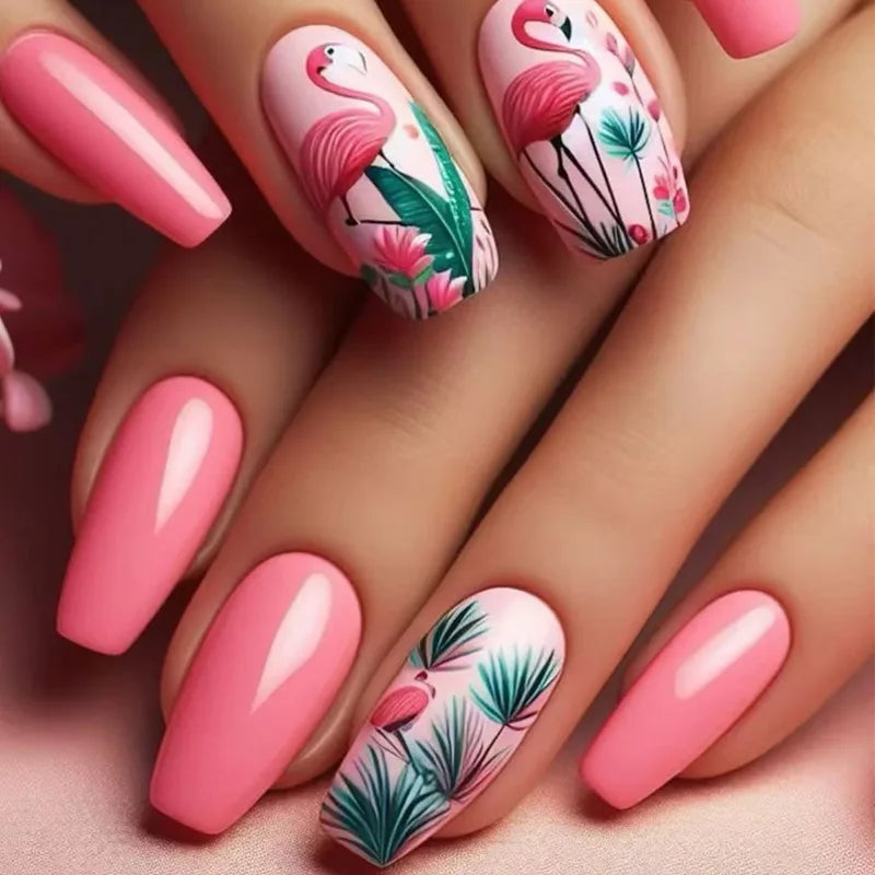 24pc Press on Nails Flower Design Mid-length Ballet