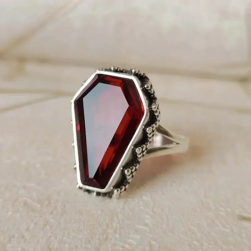 Retro Imitate Garnet Coffin Shape Silver Ring