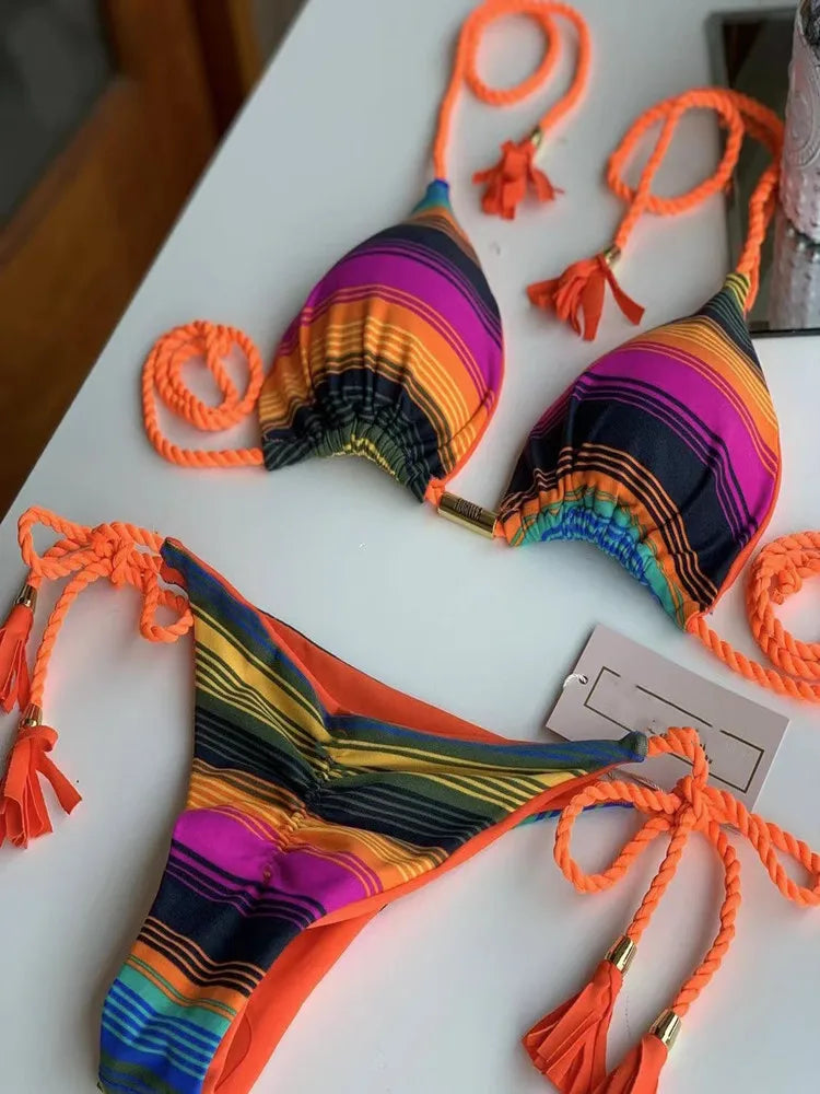 Ladies Sexy Printed Rope Bikini Split Swimsuit