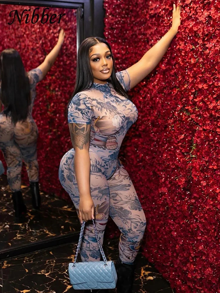 Women Backless Dragon Print Short Sleeve See Through Jumpsuit