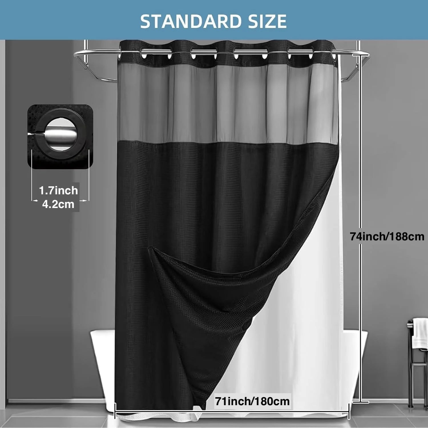 No Hooks Shower Curain  with Snap in Liner