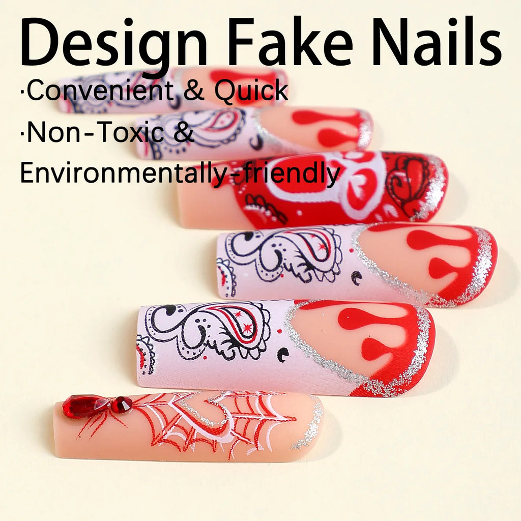 Scary Blood Skull Long Coffin Ballet Halloween Press on Nails