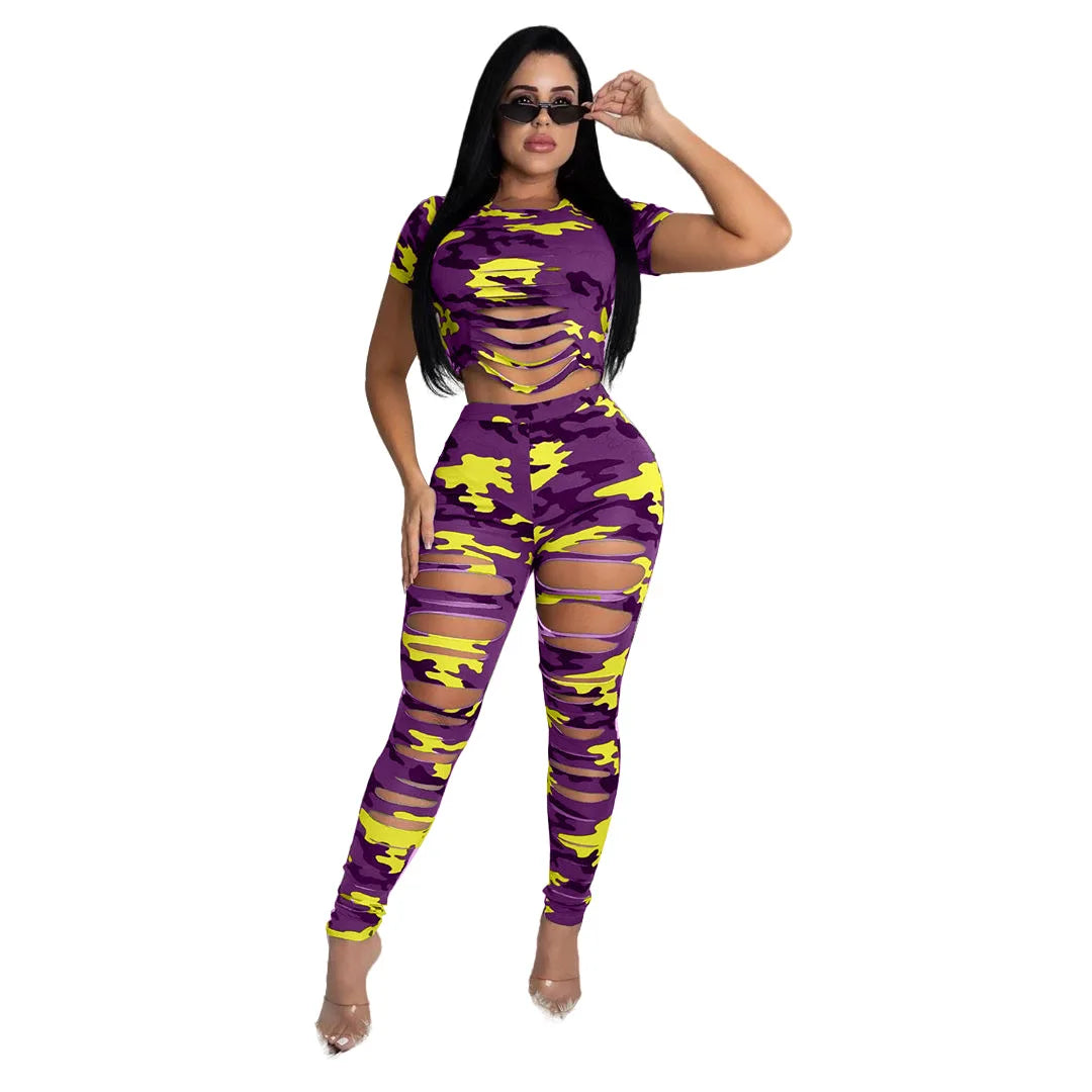 Two Piece Ripped Camouflage Print Pant Sets