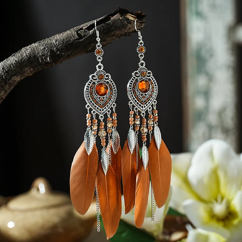 Boho Feather Long Leaf Tassel Drop Earrings