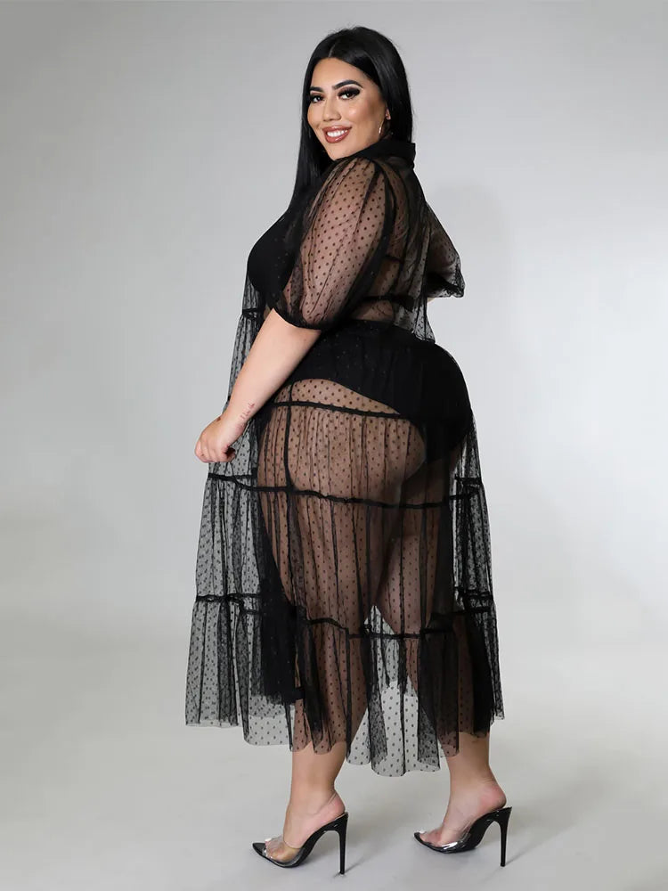 Short Sleeve Summer Mesh Transparent Sexy Black Dress